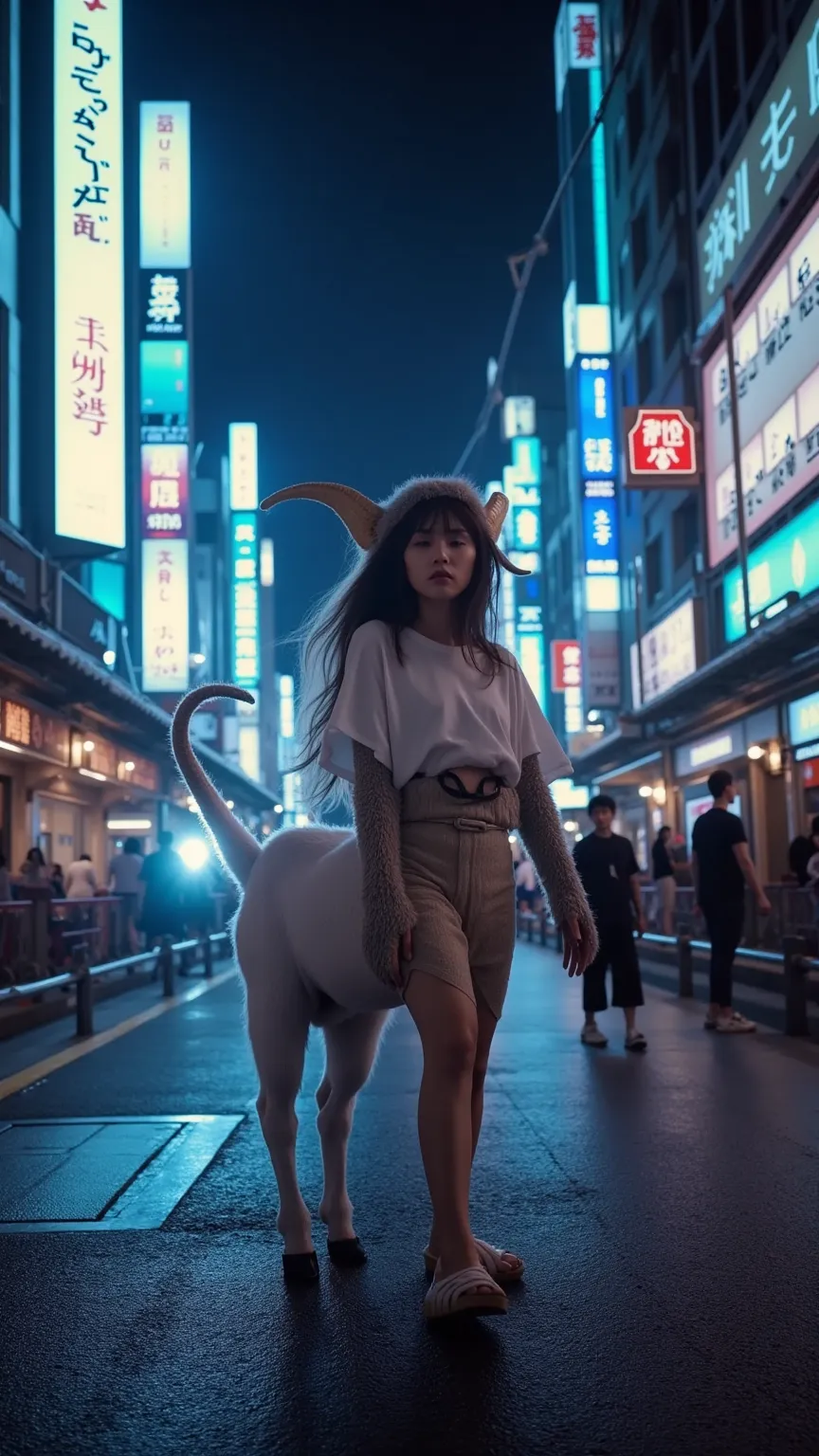 A mythical chimera with the head of a beautiful woman, the body of a goat, and a long serpent for a tail, standing in the middle of a bustling Tokyo street at night. Neon lights reflect on the wet pavement, with futuristic billboards and Japanese signs glo...