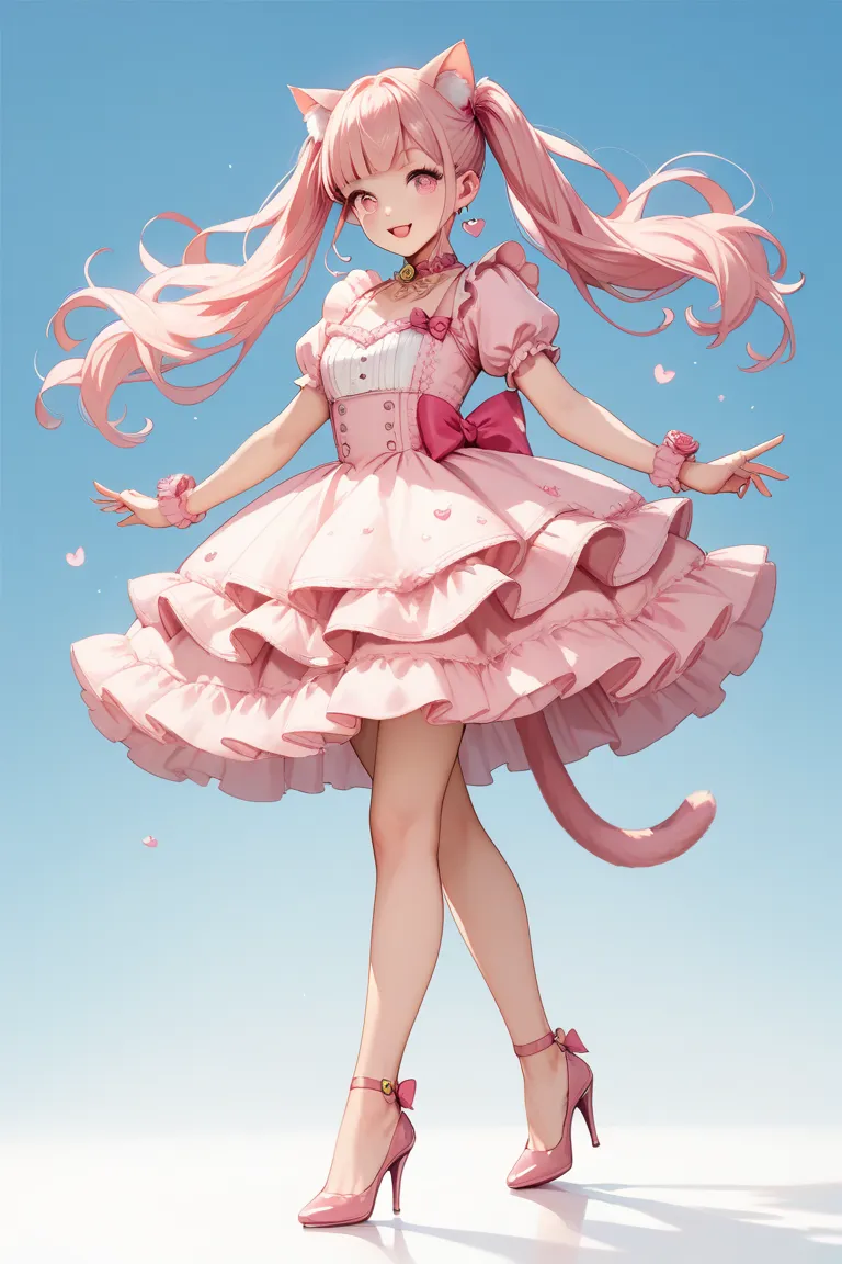 Female nekomata girl with pink twintails hair and with pink eyes and big boobs and high heels full body image with pink cat ears and 1 pink cat tail in a pink adorable dress