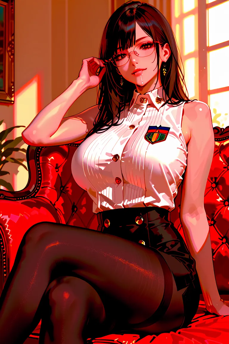 masterpiece, beautiful woman, realistic, beautifully detailed face, drooling, sleeveless uniform, glasses, light smile, narrow waist, large breasts, crossed legs, pantyhose