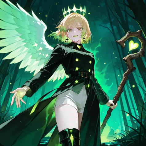 Top view Blonde, single-winged, one wing , lightly coated brown eyes, brown-eyed , long lashes, Glass retina, blond golden hair with bright green tips, hair ends are colored green, haircut square, green hair tips, квадрат hair develops in the wind, pale sk...