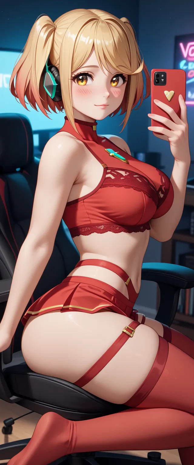  has,      perfect lighting     ,       beautiful and detailed eyes   , ((     masterpiece,      22 years old Best quality      ))     masterpiece, 4k,      ultra detailed, cosplay de pyra,       of foot, crystalline red eyes,     Shiny hair,       blushed...