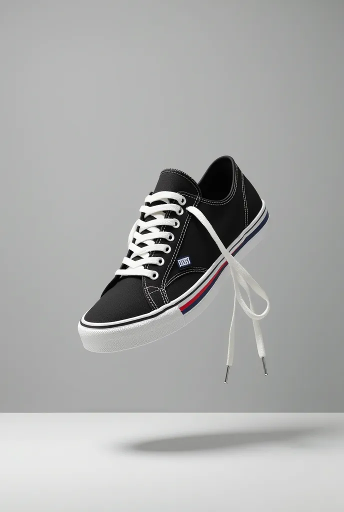 "A floating black canvas sneaker with white laces, displayed against a clean grey background. The sneaker features a classic design with a white rubber sole, detailed stitching, and a red and blue striped edge. The laces are untied, creating a sense of mov...