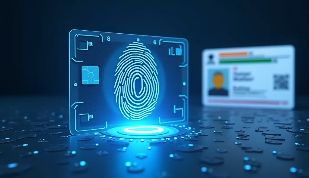 "An informative digital illustration representing Aadhaar Card biometric lock. The image features a glowing blue thumb impression and an iris seperate by thumb impression. In the background, an Indian Aadhaar card is visible left side, symbolizing identity...