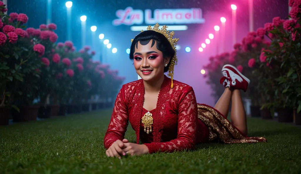 photo of a young beautiful woman with a traditional Javanese luxury style lying enjoy relax on the wet grass ground, outdoor setting rainy atmosphere, details of her face with heavy makeup, sleek slightly bun style hair. wearing red glossy satin sequined-l...