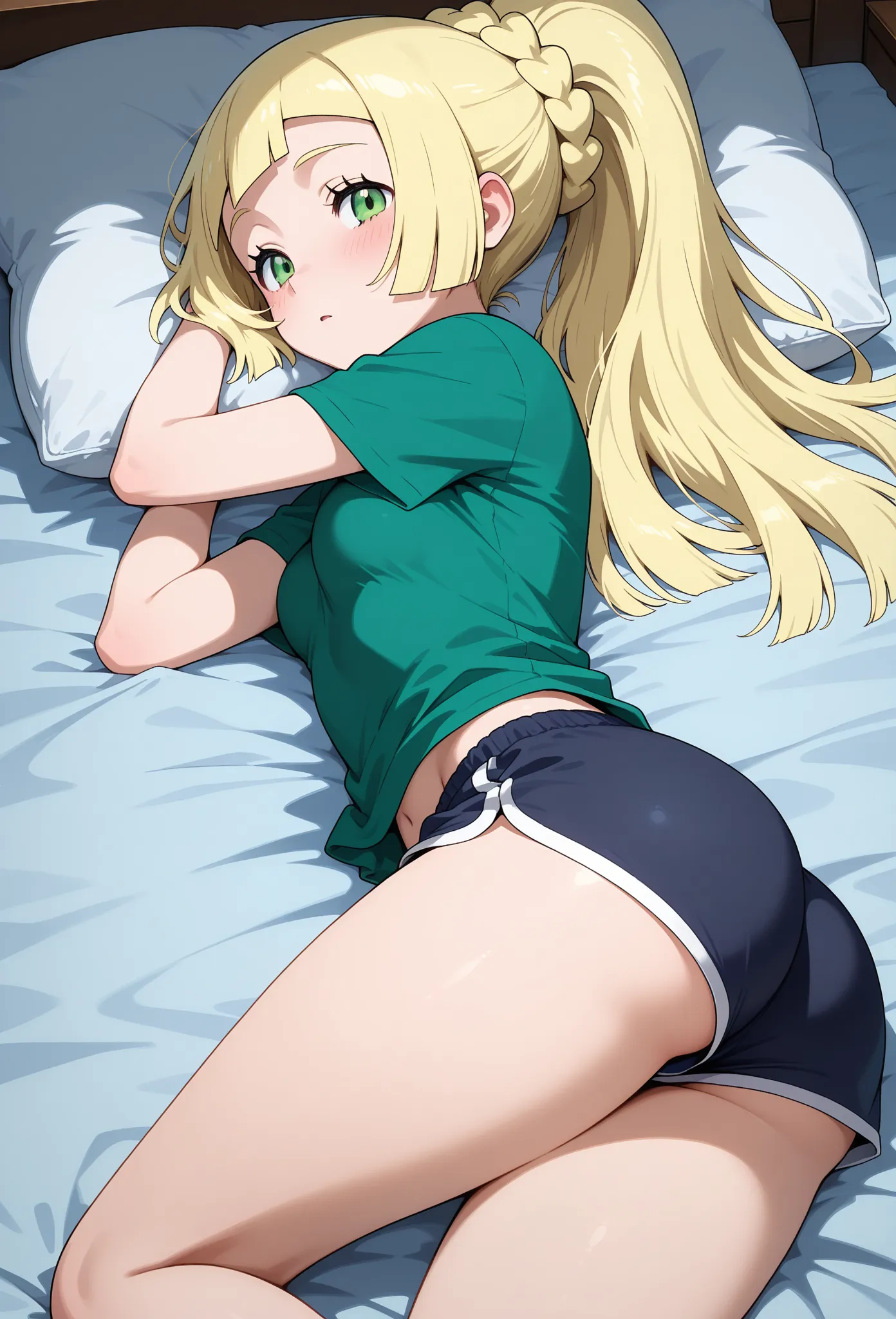 high resolution picture, masterpiece, best quality, amazing quality, , anime screencap , solo, 1girl,  lillie from pokemon, 1girl, aalillie, long hair, blonde hair, french braid, ponytail, green eyes, small breasts, curvy, petite                      BREAK...