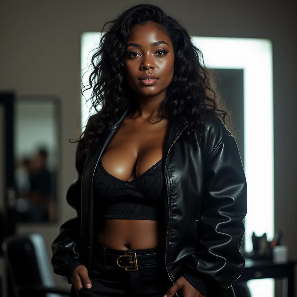 Realistic HDR noisy picture of a gen Z ebony girl who is a bit curvy but with extremely thin waist, bimbo look, she smirks with subtle smile, pitch black tied curly hair with some hair on the front, black eyeshadow, she is wearing a long leather maxi butto...