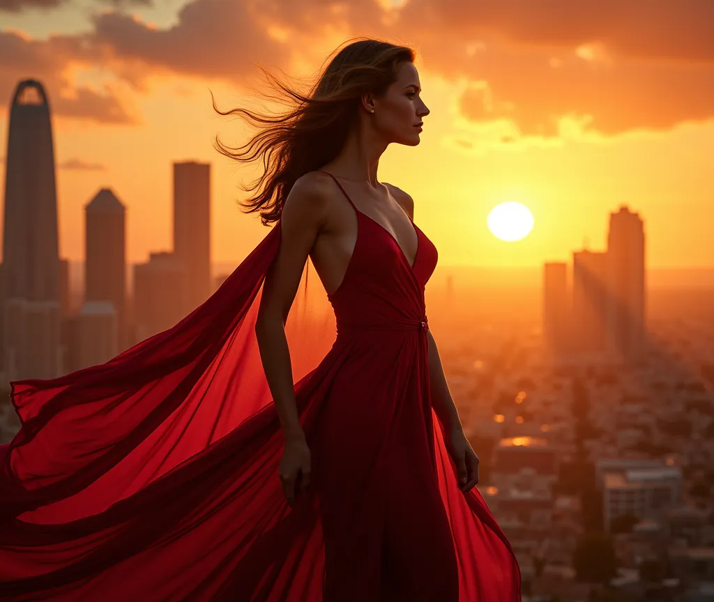 A stunning female body, draped in a flowing red dress, stands in front of a dramatic cityscape at sunset. The cinematic image captures the essence of strength and beauty.