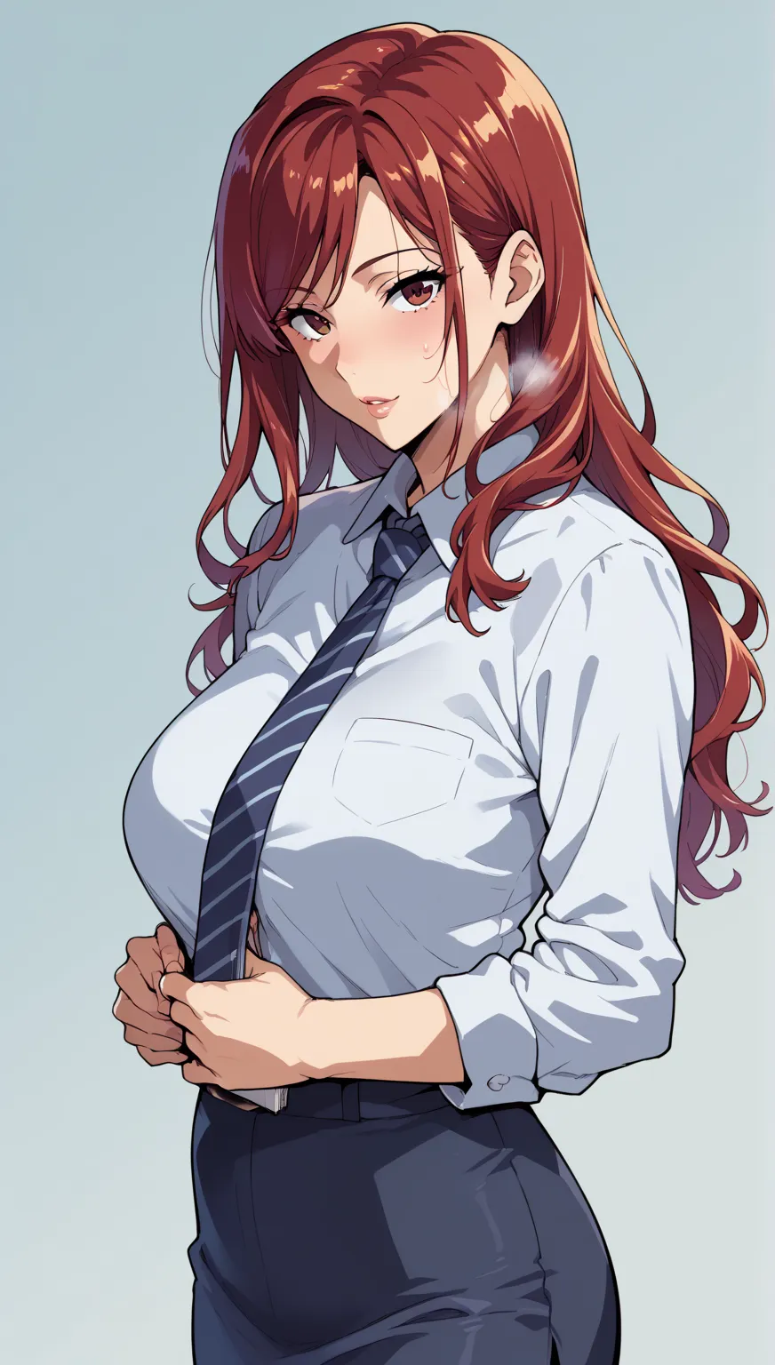 (masterpiece, best quality, super detailed, High Resolution, detail eyes),  Takeda Hiromitsu style, 1 Female, mature woman, office lady wearing ga, Skirt, slender body, long hair, red hair, wave hair, start,  heatstroke, blanking of experiences, breathe