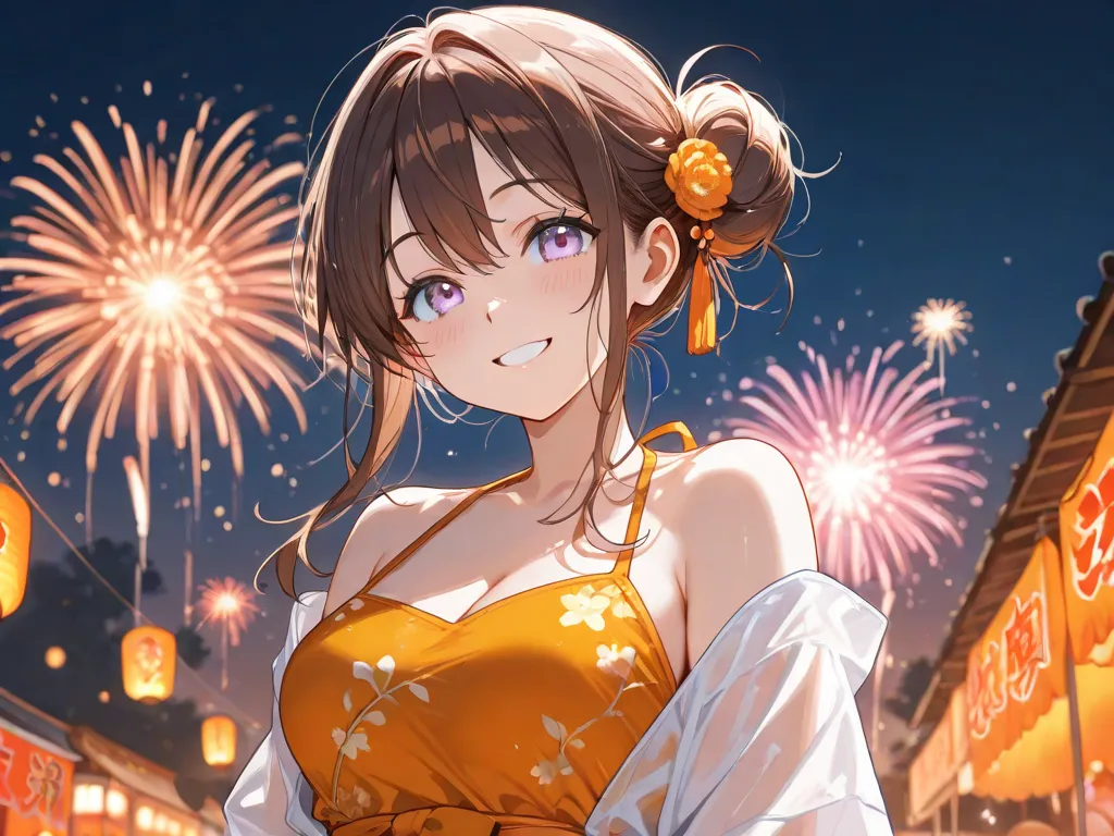 Brown Hair, light purple eyes, hair is a messy bun, orange and yellow festival dress, fireworks behind her, night, smiling