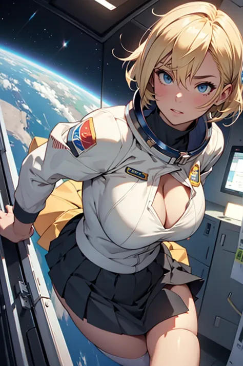 cleavage, large breasts, short skirt, panties, pantyshot, blonde, astronaut