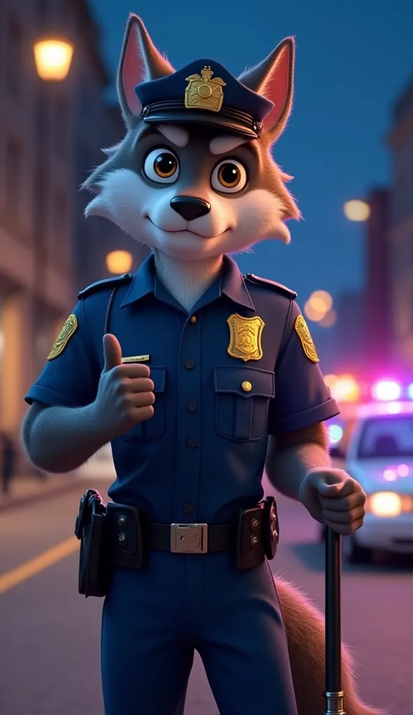 "A cartoon animation of a wolf as a police officer. The wolf is wearing a police uniform with a badge on its chest, and it has a serious yet friendly expression. The background shows a cityscape with police cars and streetlights, giving off a nighttime vib...