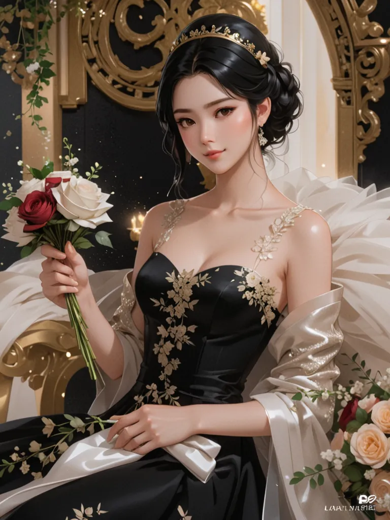 Masterpiece, best quality,
Movie scene, images, Portrait,Beautiful young woman, black hair,Holding a bouquet of flowers,Wear an elegant black dress, open to the bride,
high resolution, 4K, 8k, Intricate Detail,  cinematic light , Amazing Quality ,  Wallpap...