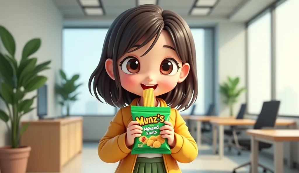 create 3D cartoon, Chibi style, a beautiful Taiwanese female, 18-22 years old, has big sharp eyes, pearl skin, medium long dark brown with tousled lob hair style, is wearing casual yellow jacket and green skirt business costumes. She tears a big green pack...