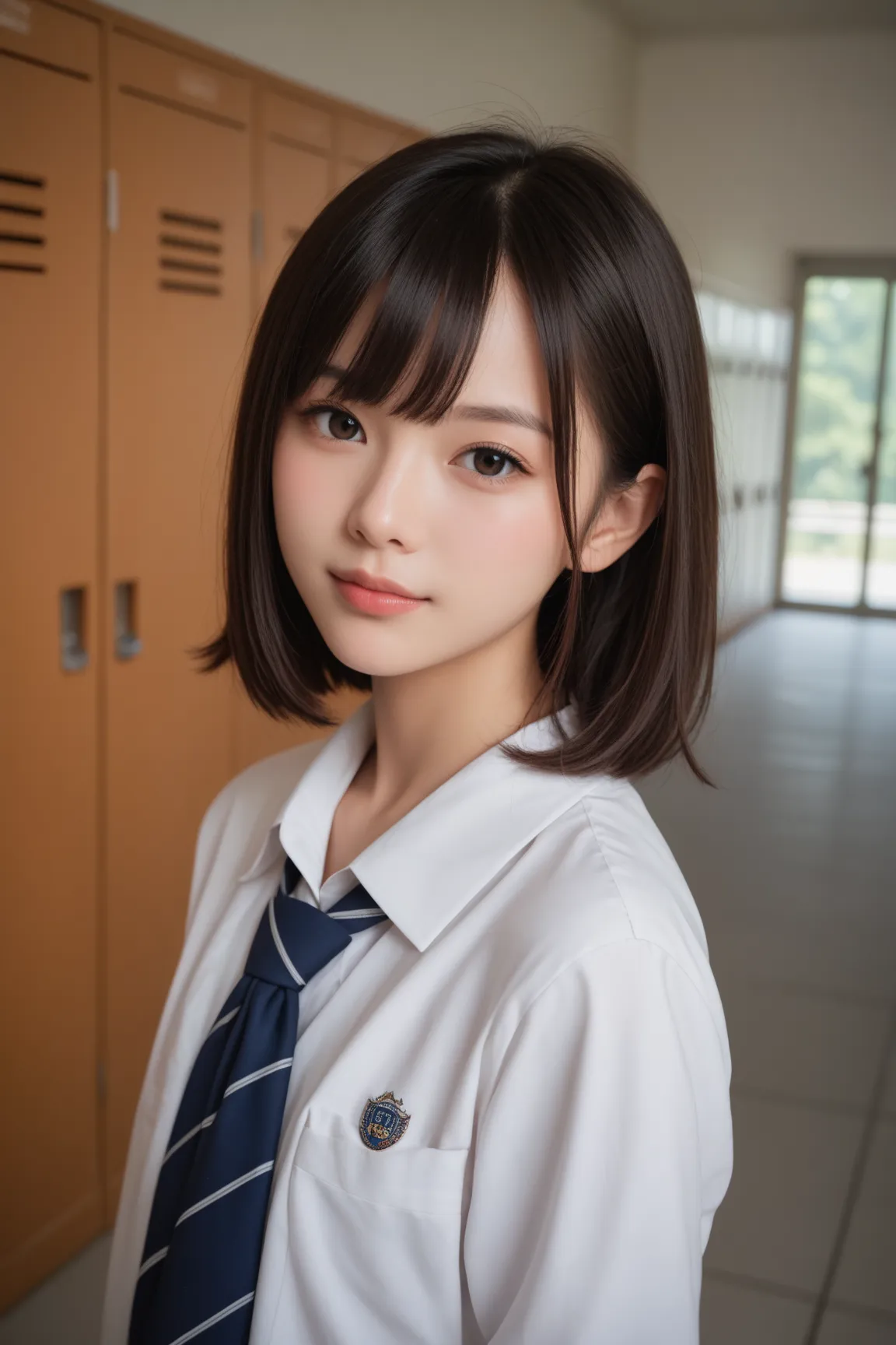 score_9, score_8_up, score_7_up, score_6_up, score_5_up, score_4_up, 8K, masterpiece, best quality, ultra detailed, RAW photo, realistic, professional lighting, 1 Japanese girl, middle school student,black straight medium hair, bangs, flat chest, school un...