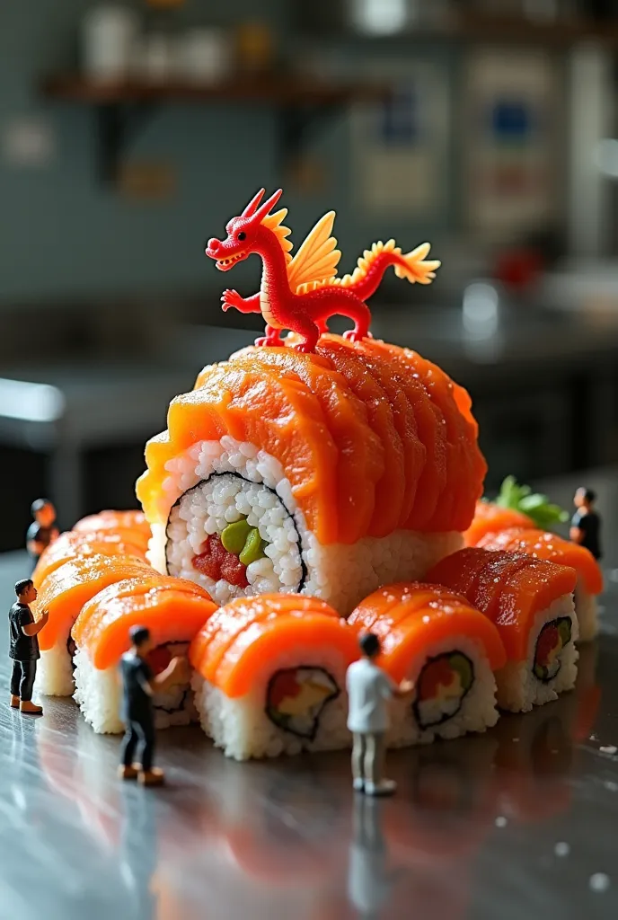 high quality,  Beautiful double exposure, which combines a big suri roll, a red dragon and around it, small sushi decorates this roll, everything in the professional kitchen on a stainless steel table, stunning full color, little men around the roll look u...