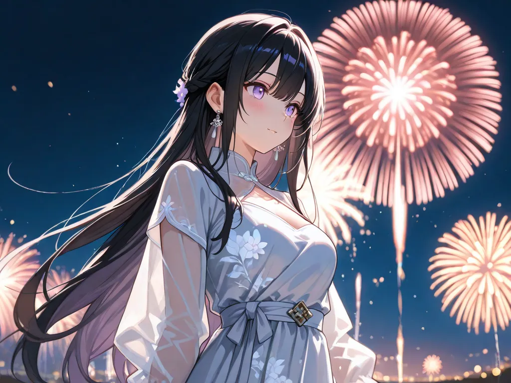 Long black Hair, light purple eyes, hair is split into two, gray festival dress, fireworks behind her, night