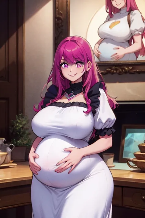 Perfect face. Perfect hands. A pink haired woman with violet eyes and an hourglass figure with a giant pregnant baby bump in a maid outfit is working in the mansion with a big smile