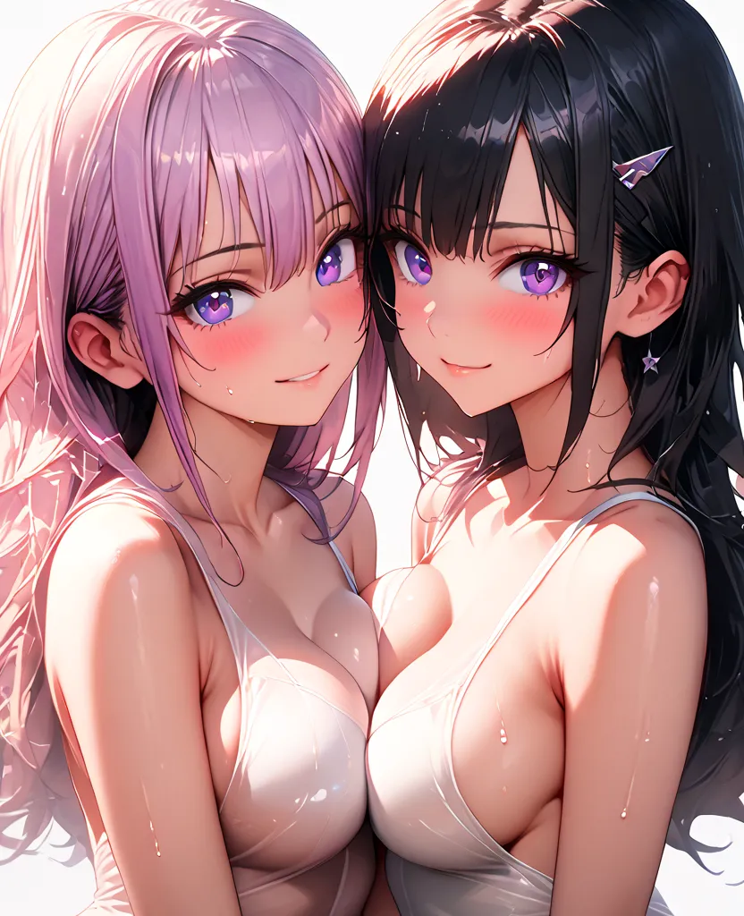 asymmetrical, 
left:purple hair
右:black hair
short hair, blush, smile, large breasts, multiple girls, 2girls, collarbone, lying,  looking at aNother, sweat, yuri, wet, breast press, eye contact, symmetrical docking, asymmetrical docking, sideboob,
((master...