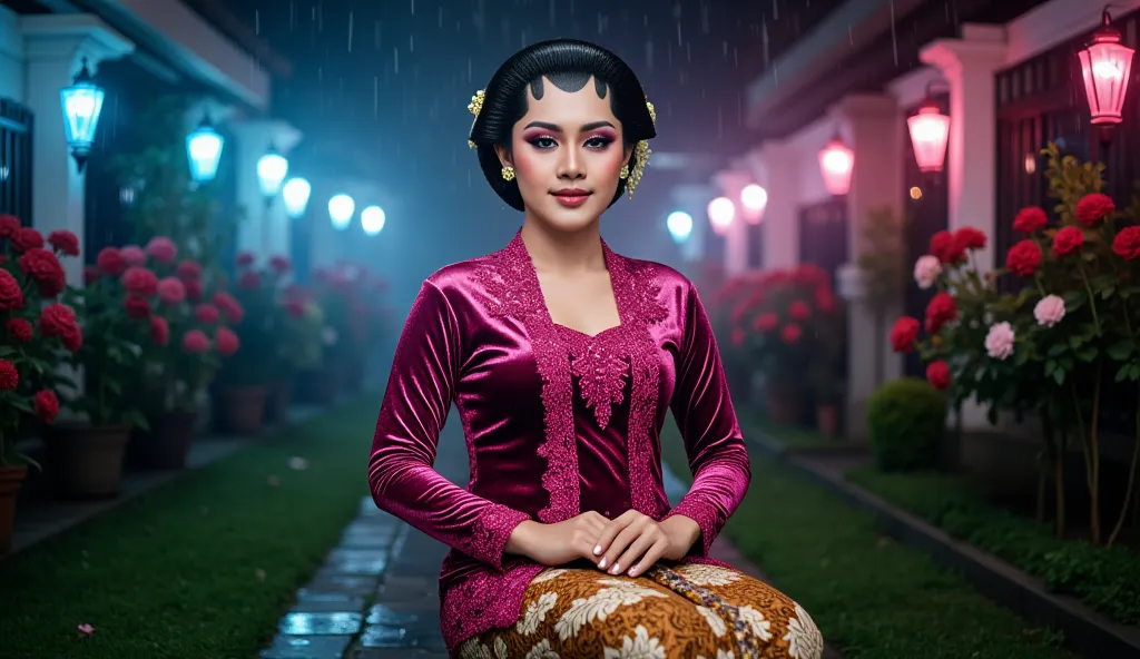 photo of a young beautiful woman with a traditional Javanese luxury style lying enjoy relax on the wet grass ground, outdoor setting rainy atmosphere, details of her face with heavy glamour makeup, pale skins, sleek slightly bun style hair. wearing red glo...