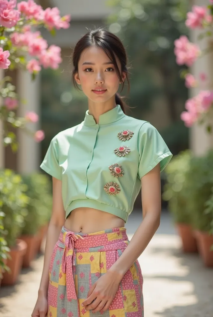 "Modern Burmese attire featuring a light green short-sleeved blouse adorned with four elegant decorative clasps on the right side, paired with a vibrant pastel skirt showcasing pink, yellow, and blue geometric patterns. The blouse has a stylish cut-out det...