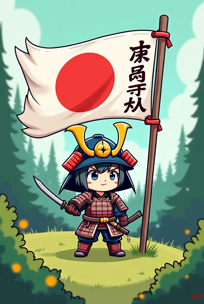 samurai, vert, chibi , un sabre, un drapeau, sur le drapeau un description avec les 3 caractere 木，林，森