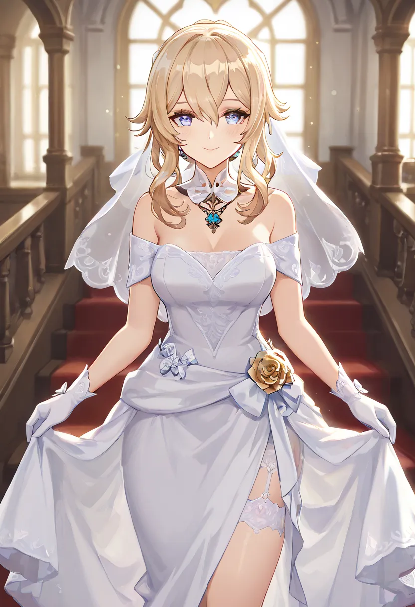 ultra-detailed,(best quality),((masterpiece)),(highres),original,extremely, 1girl, jean,genshin impact, blue eyes, wife,milf, looking at viewer, blonde hair, medium breasts, happy,smile, closed mouth, blush, in heat, blush, long hair, wedding outfit, weddi...