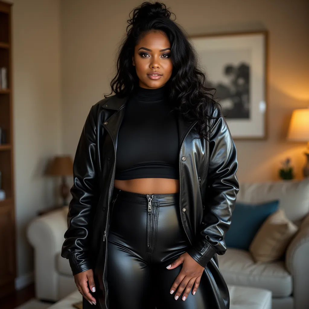 Realistic HDR noisy picture of a gen Z ebony girl who is a bit curvy, bimbo look, she smirks with subtle smile, pitch black tied curly hair with some hair on the front, black eyeshadow, she is wearing a long leather button up cardigan, cardigan has many bu...