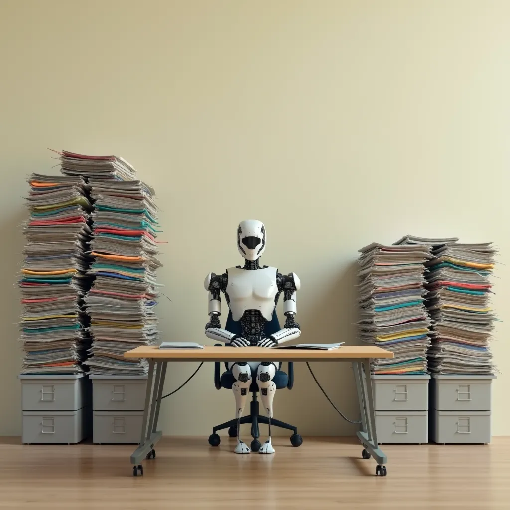 
 realistic photo, high resolution ; assise derrière un bureau, We see a cyborg sorting, tidying up and filing files ; To his right, There is a mountain of messy files, different colors and sizes ; To her left , There are only gray folders, tidy , perfectl...