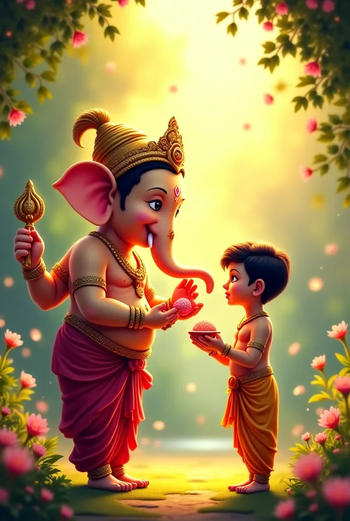 Make a video where ganpati Bappa smiling end blessing a  and giving him laddu and the boy getting happy and he jumping happily 