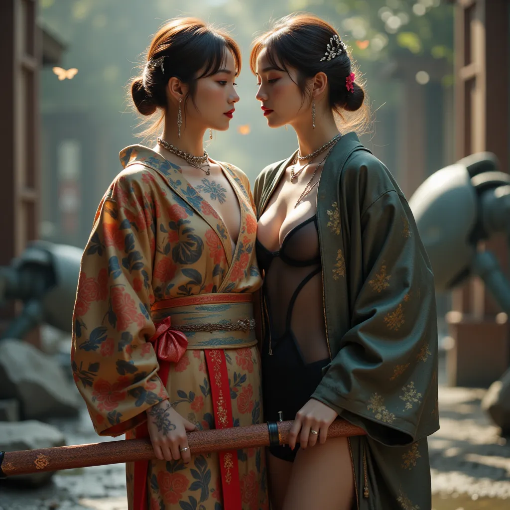 2 cute woman, eyes close, brown hair, translucent black underwear,sexy erotic ,(large cleavage,Big tits), (tattoo:2.0),(Full body photo:2.0),(Beautiful face:2.0)),(White skin:2.0),balenciaga kimono,Balenciaga Oversized Jacket,Japanese katana sword, slave_t...