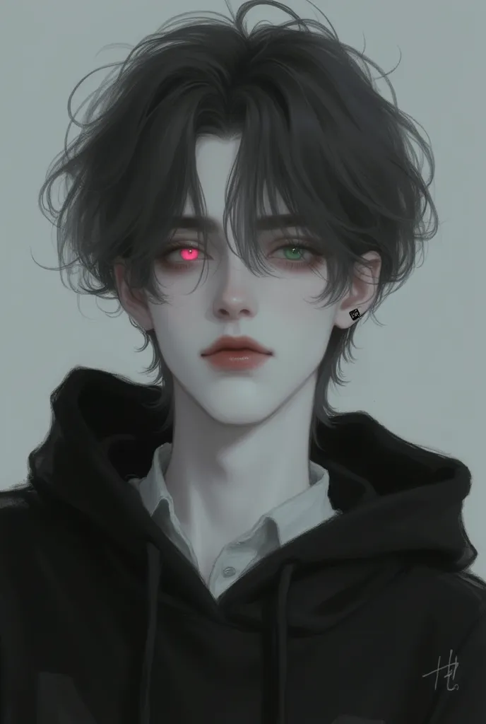 ่A mysterious and composed young man, his dark gray hair is naturally short, with a few strands falling over his forehead, adding to his effortless charm. His heterochromatic eyes—one a sharp reddish-pink and the other a soft, enigmatic green—hold an intri...