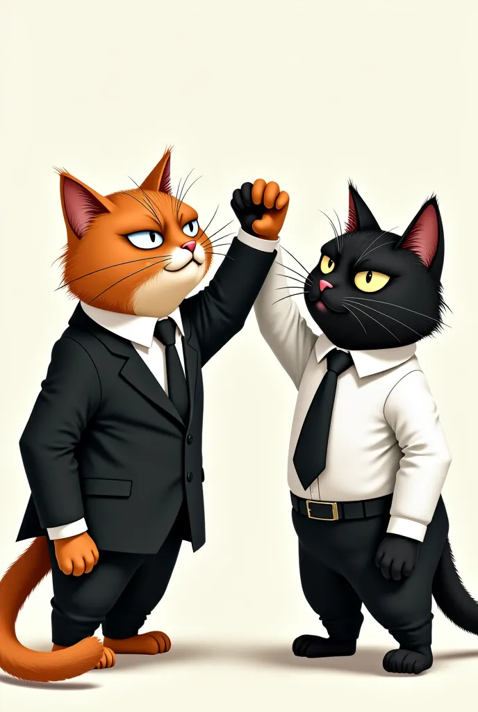 Brown rude cat dressed in black suit slaps the black rude cat who is dressed in white shirt 