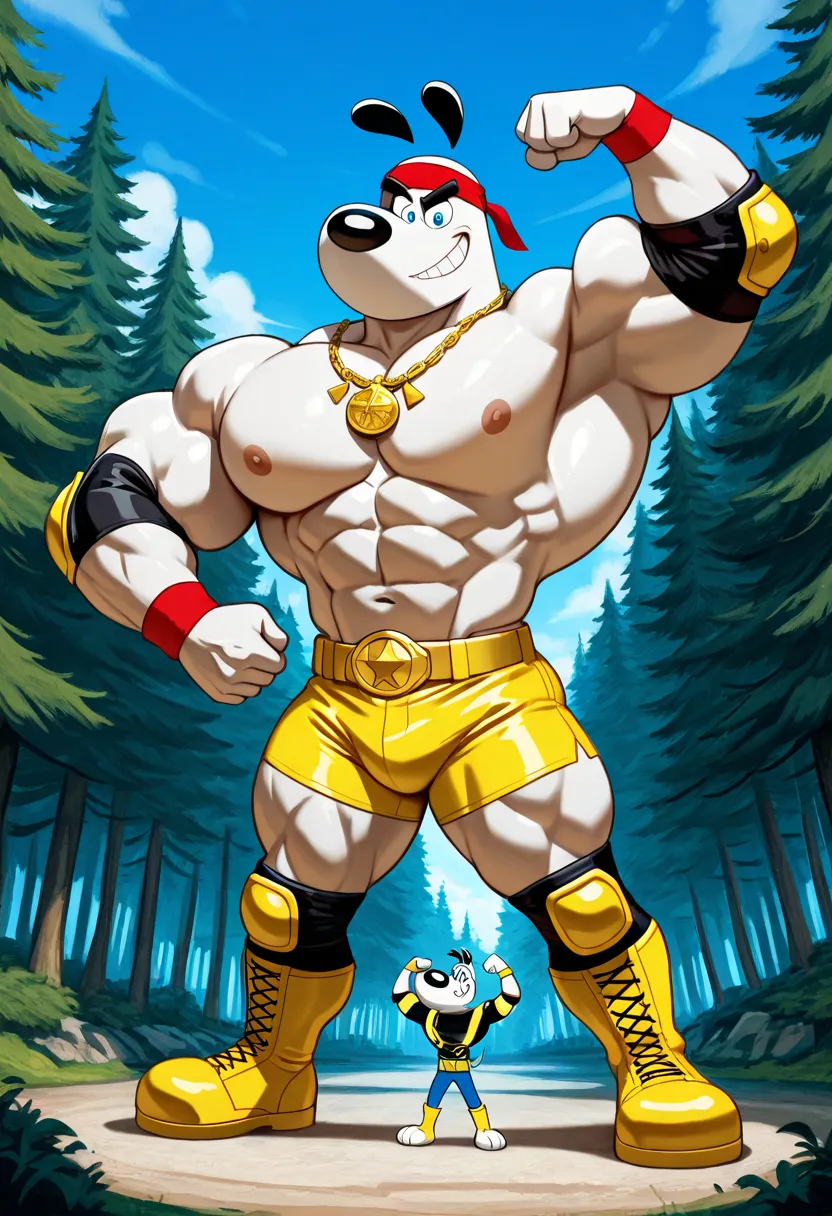 Giant muscular wrestling barbarian dudley puppy (T.U.F.F Puppy), white dog, cartoon 2d style, giant, macro size, full body, muscular body, blue day sky background, Masterpiece, best quality, high quality, detailed, Dudley Puppy, male, solo male, 1boy, broa...