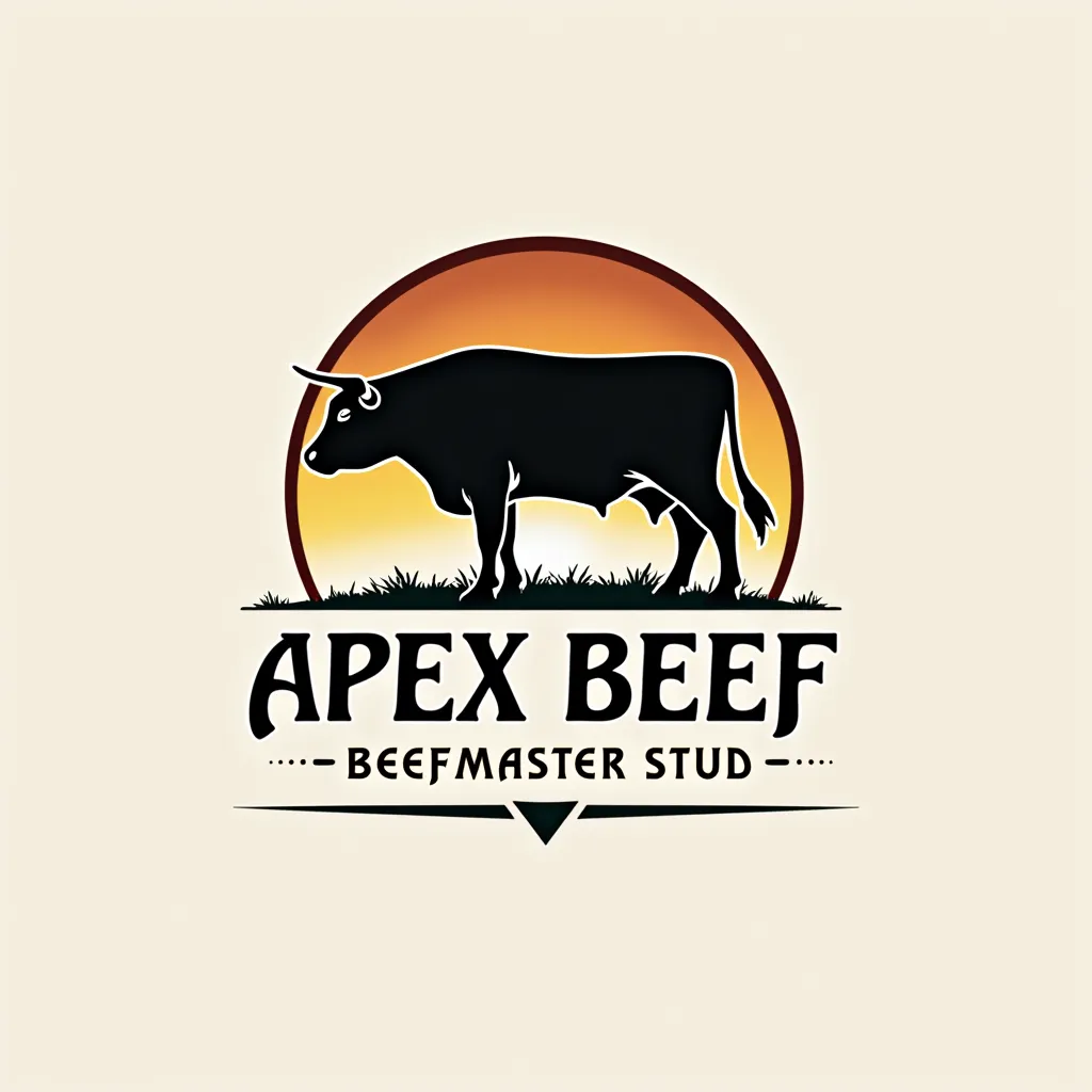 I'm in need of a distinctive logo for my company, APEX BEEF. With the tagline/slogan BEEFMASTER STUD. The logo should creatively incorporate a DNA string and an image of a bull (cow/cattle).

Please note:
- The logo doesn't have a specified style yet, so I...