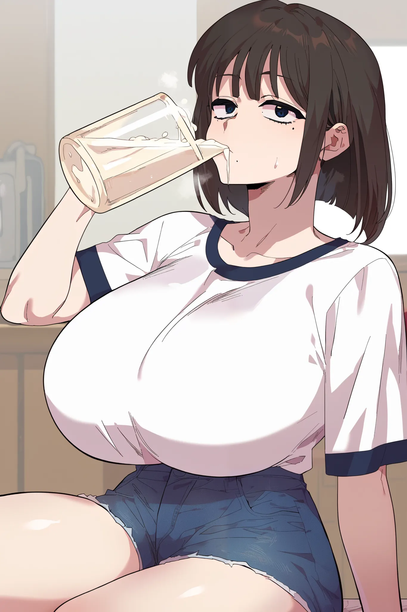 score_9, score_8_up, score_7_up, score_6_up, source_anime, rating_explicit, 1girl, solo, huge breasts, brown hair, blue eyes, medium hair, mole under mouth, short hair, black hair, bob cut, mole under eye, white shirt, denim, short shorts, expressionless, ...