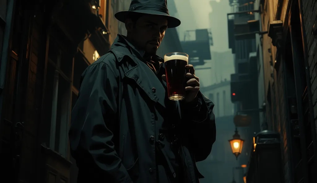 a moody noir detective standing in a dark, foggy city alley, holding a glass of thick, black beer, gritty sin city atmosphere, cinematic lighting, high contrast, dramatic shadows, hyper-realistic, 8k, studio lighting, physically-based rendering, extreme de...