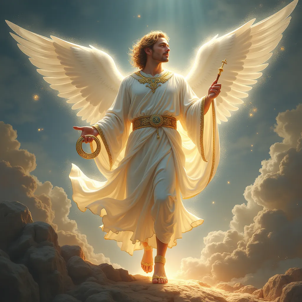 Archangel Gabriel – The messenger of God, clad in silver and white ethereal robes that flow like liquid light. His sandals, adorned with divine inscriptions, leave glowing footprints with each step. A radiant trumpet rests in his grip, ready to deliver the...