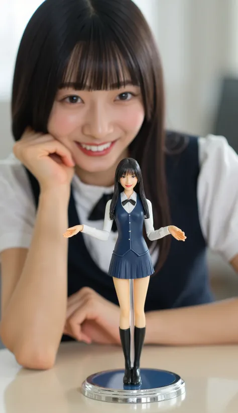 A high resolution photograph of a Japanese female PVC figure product viewed from the front.
The 3D figure sits astride a central thin transparent plastic pole that stands on a reflective chrome-plated platform, supporting the figure.
The amazing quality, e...