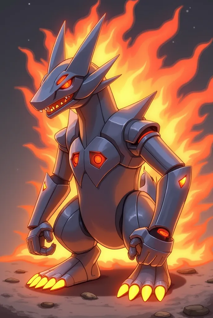 Pokemon: Grating (Graytink)
Type: fire/Metal
Description:  
Grating — это необычный покемон с необычной внешностью, fins resembling a mechanical structure. His body looks like a mix of fire alloys and metal parts, so he is protected from physical attacks. ...