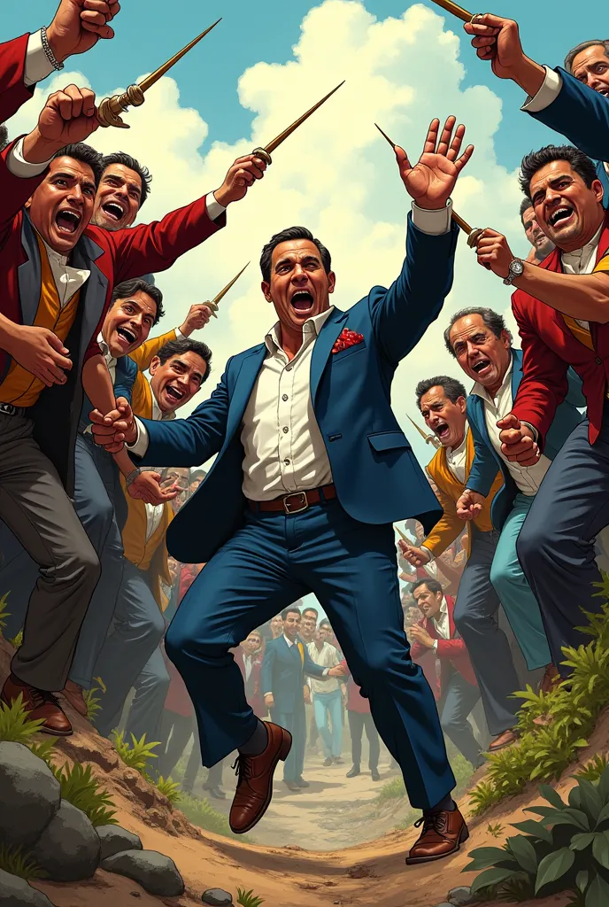 I want an image with a Costa Rican identity in a cartoon that has Rodrigo Chaves (President of Costa Rica ) being pushed into a ravine by a crowd that represents the people of Costa Rica being whipped by fat and wealthy drug oligarchs