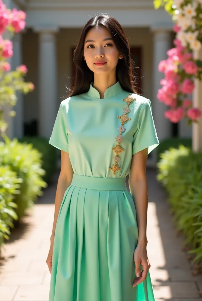 "Modern Burmese attire featuring a light green short-sleeved blouse adorned with four elegant decorative clasps on the right side, paired with a vibrant pastel longyi with single color.The setting is an open courtyard surrounded by blooming flowers, bathed...