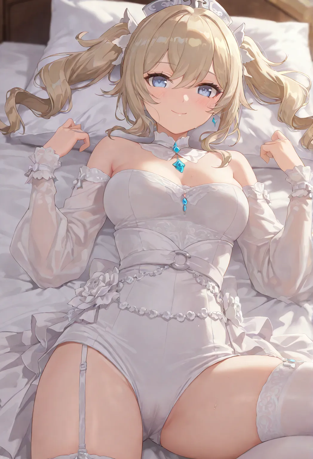 ultra-detailed,(best quality),((masterpiece)),(highres),original, extremely, 1girl, barbara, genshin impact, blue eyes, wife, milf, looking at viewer, blonde hair, medium breasts, happy, smile, closed mouth, blush, in heat, blush, long hair, wedding outfit...