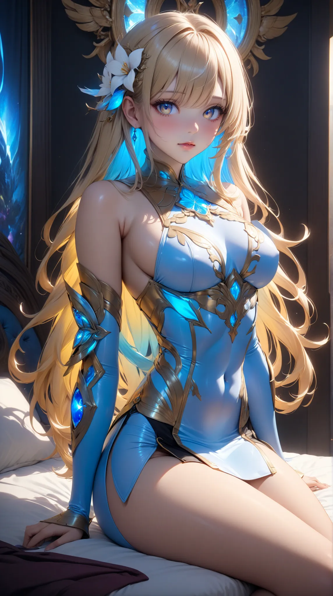 1girl, Aeonis Lumira, very long smooth straight vibrant golden hair with inner blue gradient hair, majestic gradient eyes, aesthetic toned body, beautiful perfect face, sitting in a room on bed wearing hentai clothes, masterpiece, aesthetic, Super Detailed...