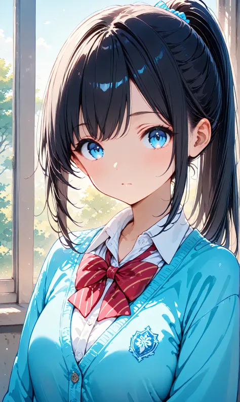 (watercolor:0.4)、( pastel :0.6)、 1 girl who died , alone, blue eyes, black hair, ponytail, bow, viewers, cardigan, school uniform, , shirt, white shirt, long hair, bowtie, red bow, bungs, closed mouth, collared shirt, upper body, long sleeve, blu...