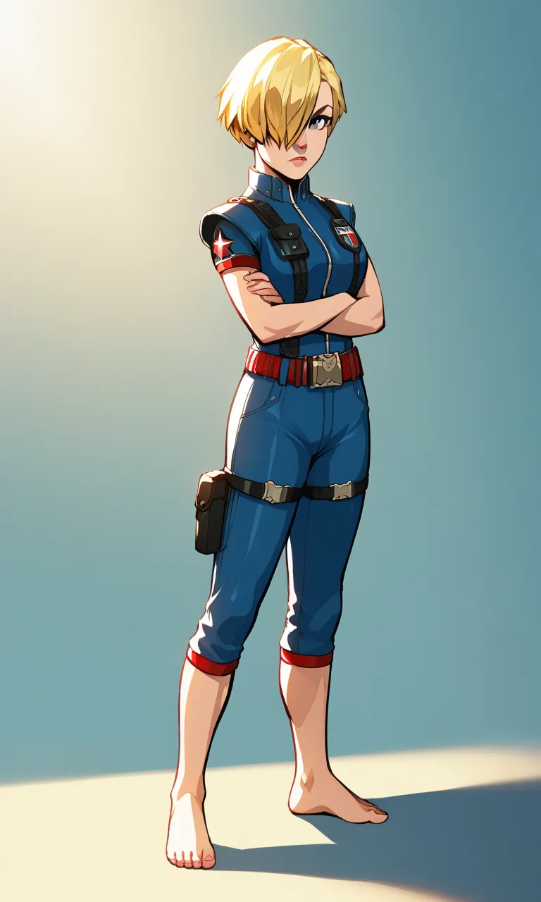 score_9, score_8_up, score_7_up, masterpiece, best quality, absurdres, perfect lighting, volumetric lighting, BREAK, 1girl, solo, madonna garnet, blonde hair, blue eyes, short hair, hair over one eye, blue military uniform, belt, looking at viewer, arms cr...