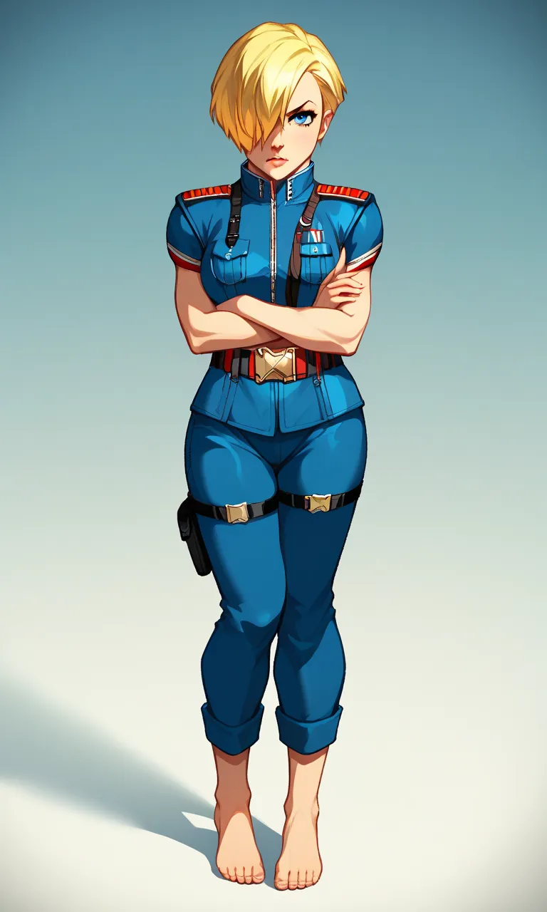 score_9, score_8_up, score_7_up, masterpiece, best quality, absurdres, perfect lighting, volumetric lighting, BREAK, 1girl, solo, madonna garnet, blonde hair, blue eyes, short hair, hair over one eye, blue military uniform, belt, looking at viewer, arms cr...