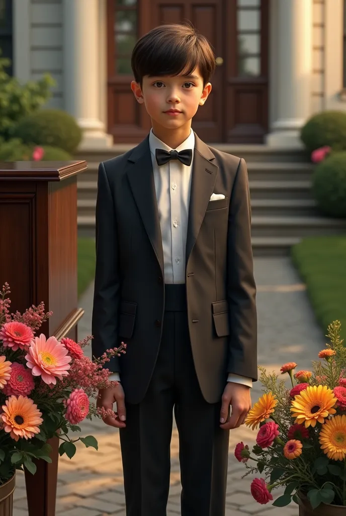 A boy in a suit with a piano next to him and a bouquet of flowers on the doorstep of a house