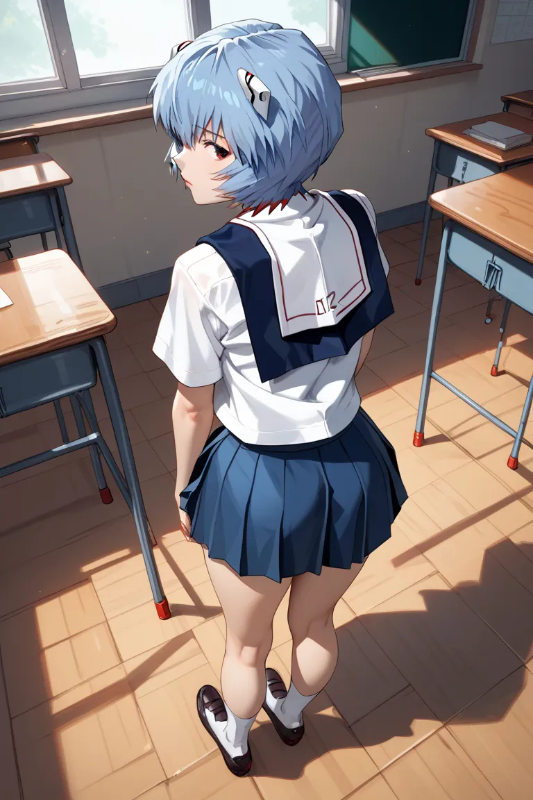  review_ sure, score_9, score_8_above, score_7_above, source_anime, masterpiece, thighs, Alone, 1 , (King Ayanami from Evangelion , wearing Evangelion school uniform), (she stands leaning forward, looking back,  view from behind), classroom, 