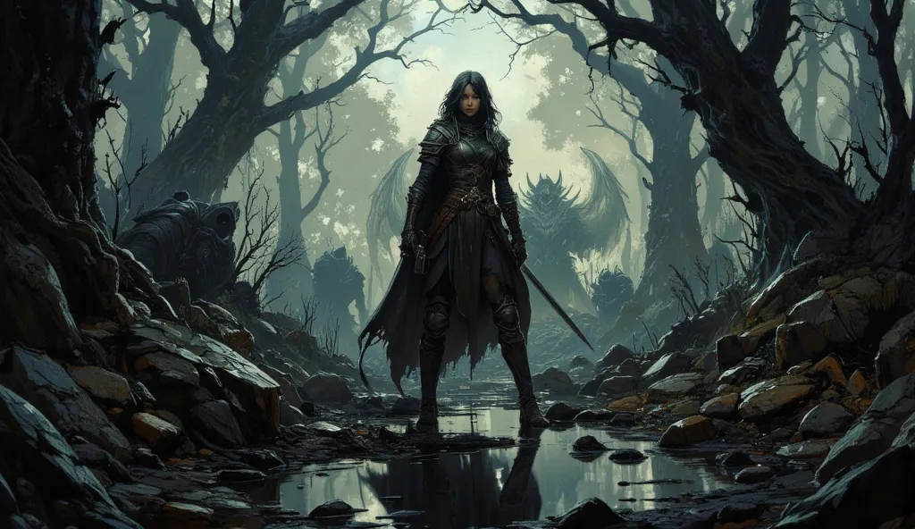 dark fantasy setting, creatures, monsters, female warrior, black beer thick as oil