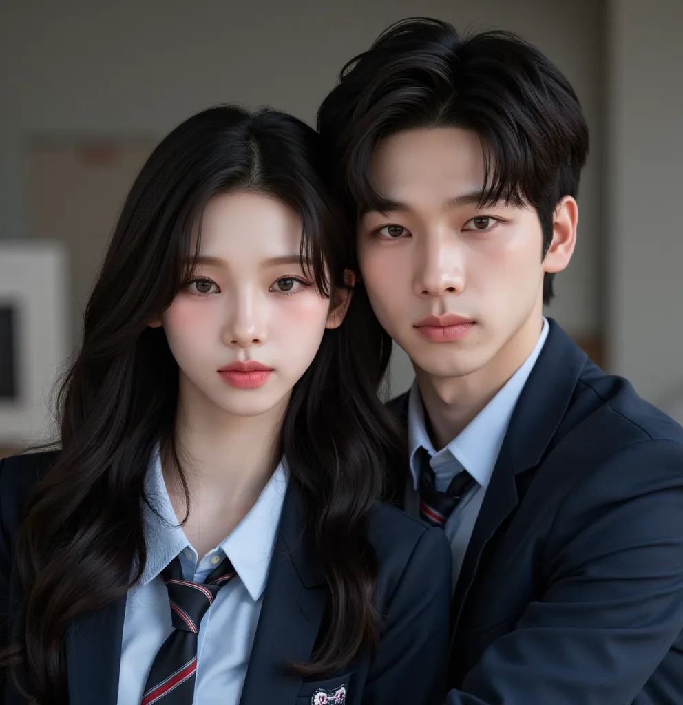 a handsome asian man and a beautiful asian girl, 1boy, 1girl, school uniform, school, dark hair, flawless skin (best quality,4k,8k,highres,masterpiece:1.2),ultra-detailed,(realistic,photorealistic,photo-realistic:1.37),portrait,glamour,dramatic lighting